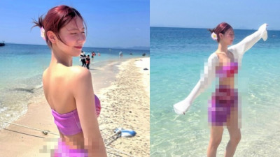 바닷가에서 핑크색 튜브탑 비키니 입은 아이들 조미연 몸매