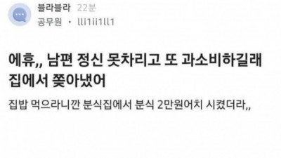   				분식2만원 시켰다고 남편 쫒아낸 블라인			