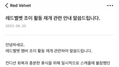   				건각 악화로 활동 중단 선언했던 레드벨벳 조이 현재 상태			