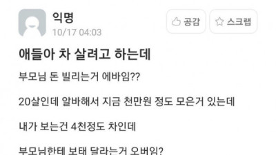   				부모님께 돈빌려서 4천짜리 차 사려는 대학생			