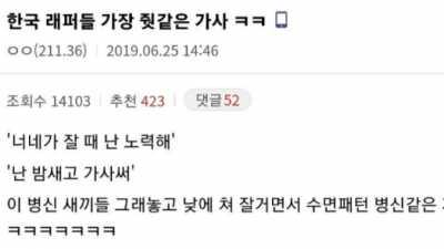   				한국 래퍼들 가장 줫같은 가사			