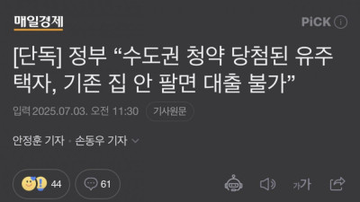 수도권 청약 당첨된 유주택자 기존 집 안 팔면 대출 불가 