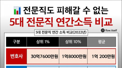 대한민국 5대 전문직 연간소득 